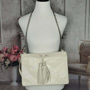 Badgley Mischka Leather Cream Tassle Studs Detachable Chain Shoulder Clutch Bag